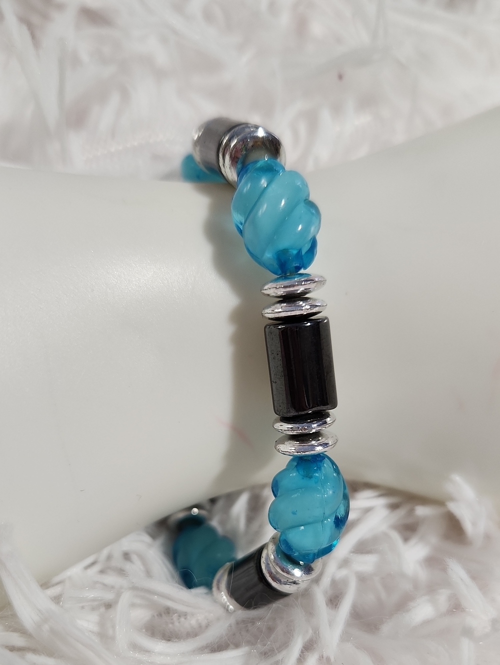 Blue Glass and Hematite Stretch Bracelet